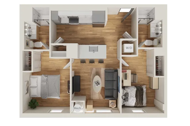 INTRO Columbus B2 two bedroom floor plan, 845 square feet, 2 bed 2 bath in Columbus, Ohio