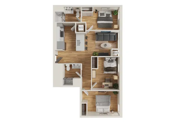 Contemporary floor plan showcasing 3 cozy bedrooms, a sleek modern kitchen, and an inviting open living area with stylish hardwood floors.