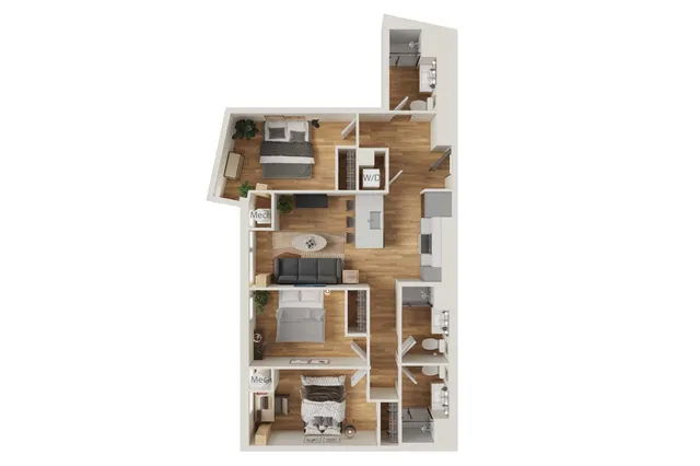Modern 3D floor plan showcasing 3 bedrooms, a cozy open living area, and a sleek kitchen layout with hardwood floors.