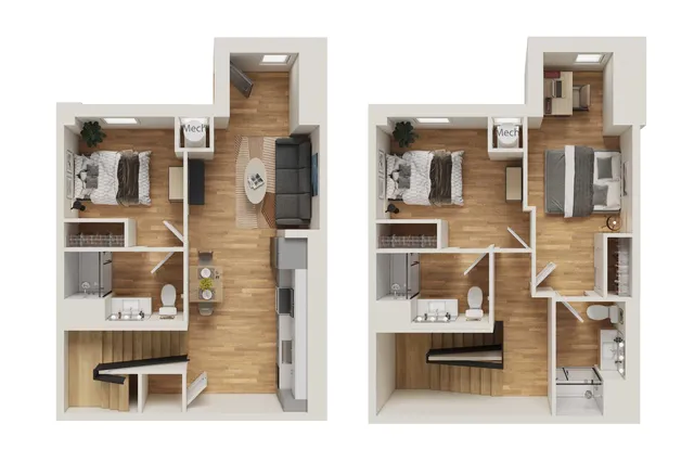 Modern 3D floor plan showcasing two-story apartment with two bedrooms, sleek kitchen, and cozy living area. Beautifully designed for comfortable living.