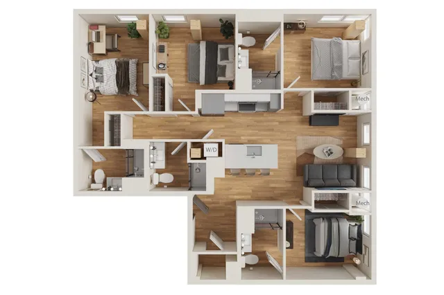 Modern 3D floor plan showcasing 3 bedrooms, 2 bathrooms, and an open-concept kitchen and living area with hardwood flooring, ideal for comfortable urban living.