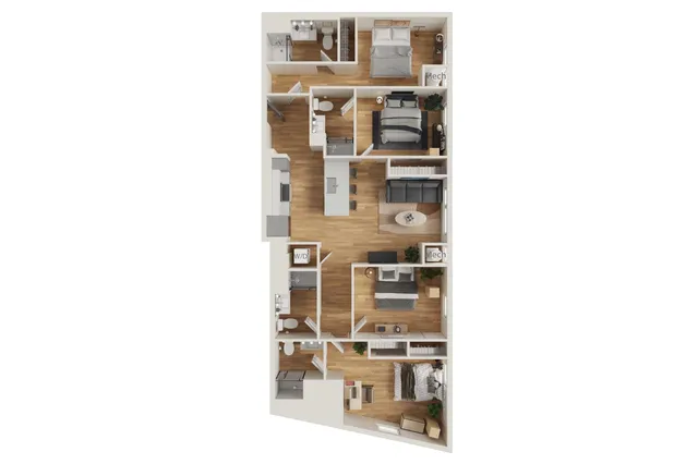 Modern 3D floor plan showcasing 3 bedrooms, an open-concept kitchen and living room, and stylish wood flooring.