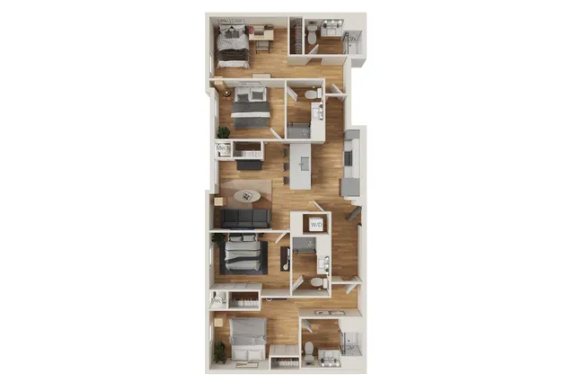 Contemporary 3D floor plan featuring 3 bedrooms, 2 bathrooms, a sleek kitchen, and an inviting living area with warm wood flooring.