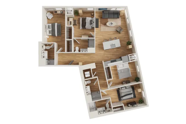 Modern 3D floor plan showcasing 3 bedrooms, open living and dining area, and efficient kitchen layout. Includes two bathrooms and a laundry space, with ample natural light throughout.