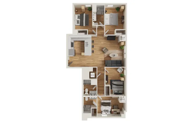 Modern floor plan featuring three chic bedrooms, open living space, contemporary kitchen, and two sleek bathrooms, exuding comfort and style.