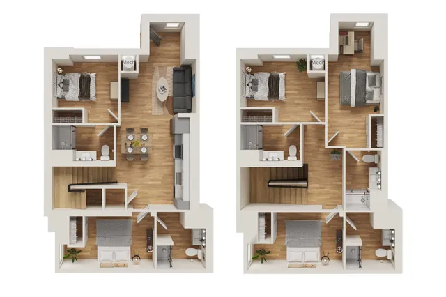 Modern 3D floor plan of a two-story apartment featuring three bedrooms, two bathrooms, a stylish open-concept kitchen, and a cozy living area with hardwood flooring.