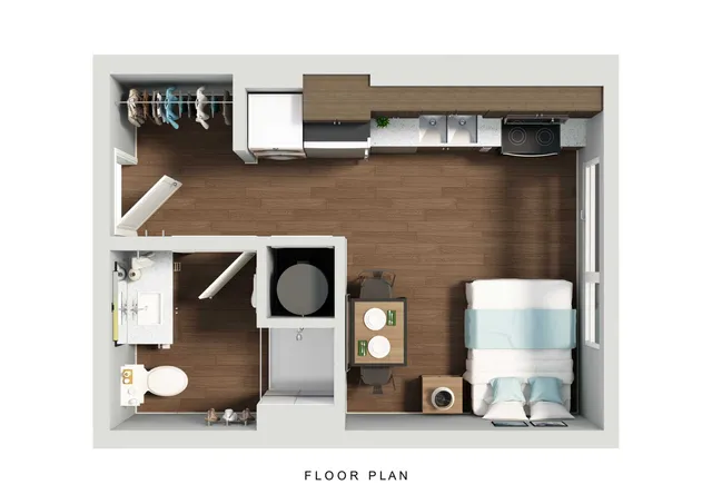 Modern studio apartment floor plan showcasing a cozy bedroom, sleek kitchenette, and compact bathroom with elegant wooden flooring.