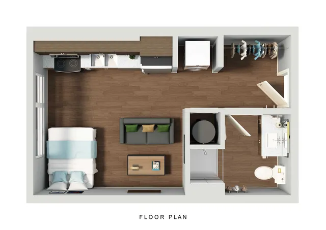 Modern open-concept studio floor plan showcasing a cozy bedroom area, sleek kitchen, and inviting living space, ideal for urban living.