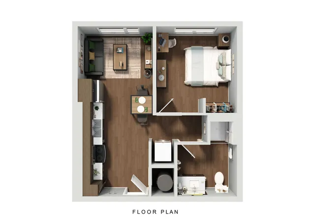 Modern 2D floor plan showcasing a cozy one-bedroom apartment with an open kitchen, inviting living room, and elegant bathroom.