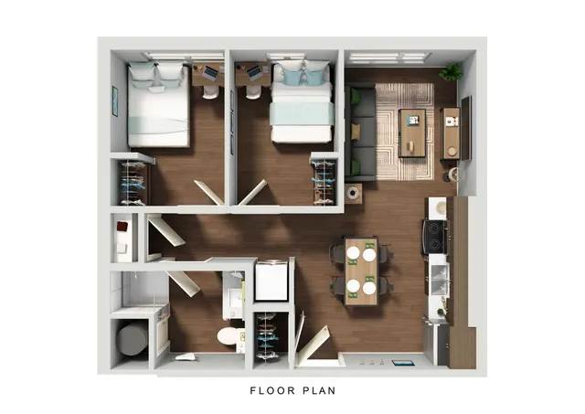Modern floor plan showcasing two cozy bedrooms, open living area, elegant kitchen, and stylish dining space.