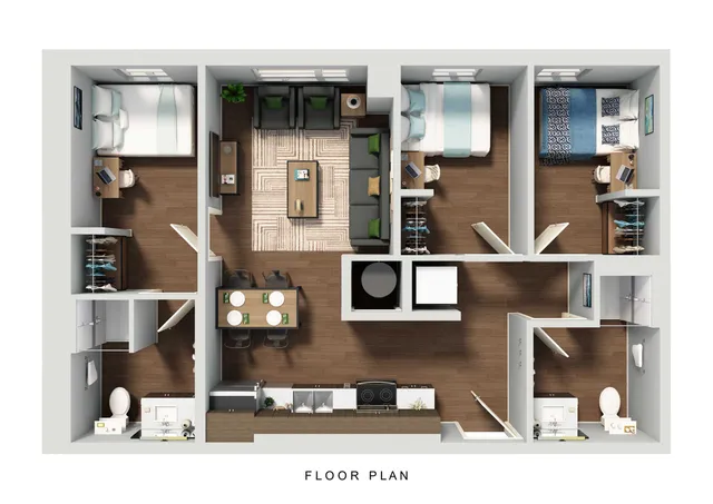 Modern 3-bedroom apartment floor plan with open living area, elegant kitchen, and two stylish bathrooms.