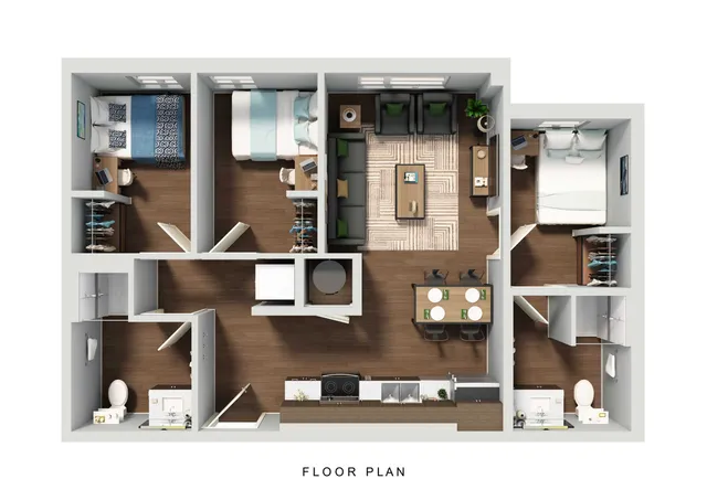 Modern floor plan showcasing 3 cozy bedrooms, an inviting open living area, and a sleek dining space with contemporary kitchen.