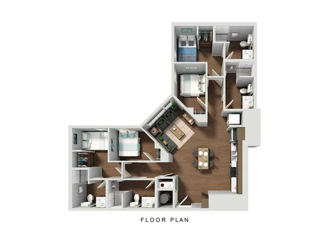 Modern floor plan showcasing 3 bedrooms, inviting living room, open kitchen, and 2 elegant bathrooms, perfect for contemporary living.