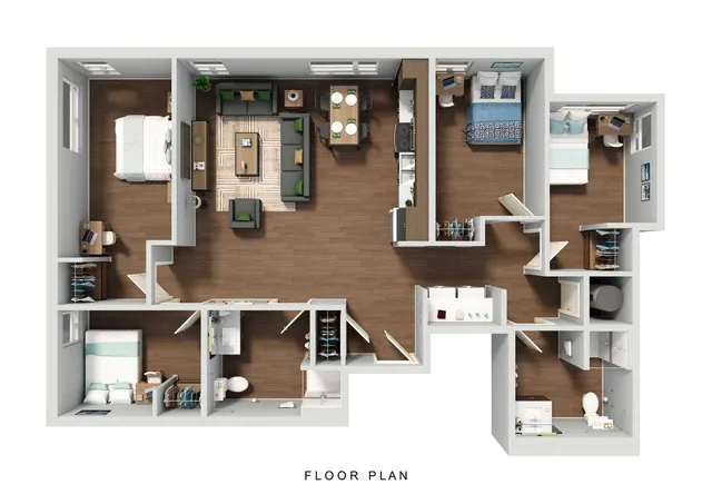 Modern apartment floor plan showcasing 3 elegant bedrooms, a spacious living room, and a sleek kitchen with an open dining area.