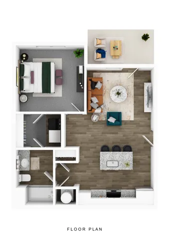 Contemporary 2D floor plan showcasing a spacious one-bedroom apartment with an open-concept kitchen, inviting living area, and stylish bathroom.