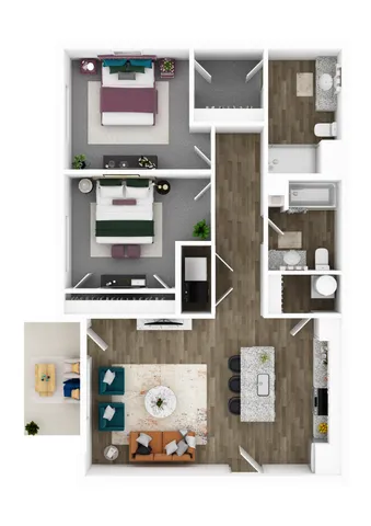 Contemporary floor plan featuring 2 elegant bedrooms, spacious open-concept living and dining area, and a sleek kitchen with an island countertop. Includes 2 modern bathrooms and an inviting outdoor patio. Ideal for urban living.