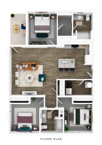 Modern 2D floor plan showcasing two elegant bedrooms, open living area with stylish furnishings, sleek kitchen with island, and two bathrooms, ideal for contemporary living.