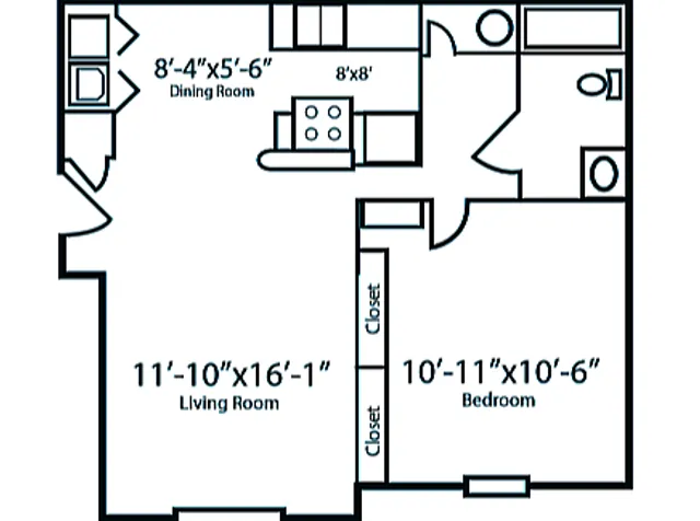 Chic floor plan for \'The Foxfire\' featuring 1 bedroom, 1 bath, a cozy dining area, and a spacious living room, covering 685 sq ft.
