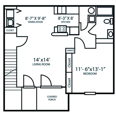 Modern floor plan featuring a spacious living room, cozy bedroom, well-designed kitchen, and dining area with closets and covered porch.