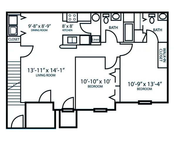 Modern floor plan showcasing two bedrooms, spacious living room, dining area, kitchen, and two baths with large walk-in closet.