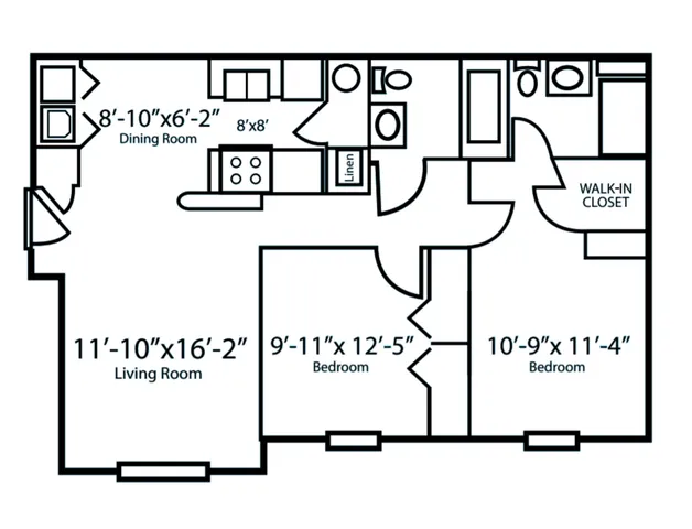 Charming floor plan with two spacious bedrooms, open living and dining areas, a modern kitchen, and a walk-in closet for ample storage.