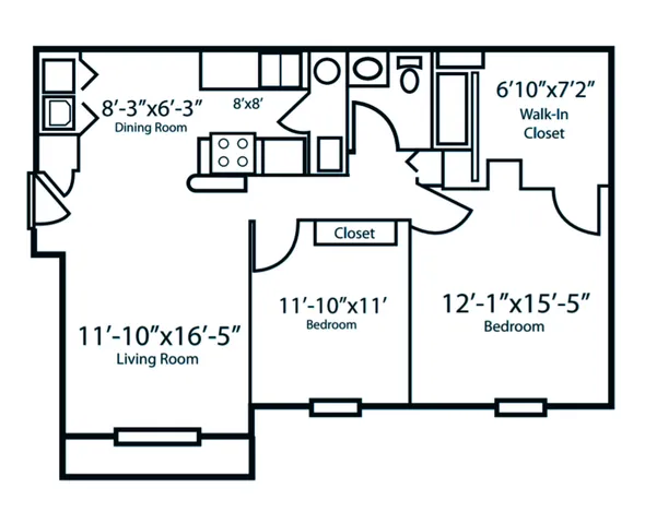 Inviting floor plan showcasing two spacious bedrooms, a large living room, efficient kitchen, dining area, and a walk-in closet.