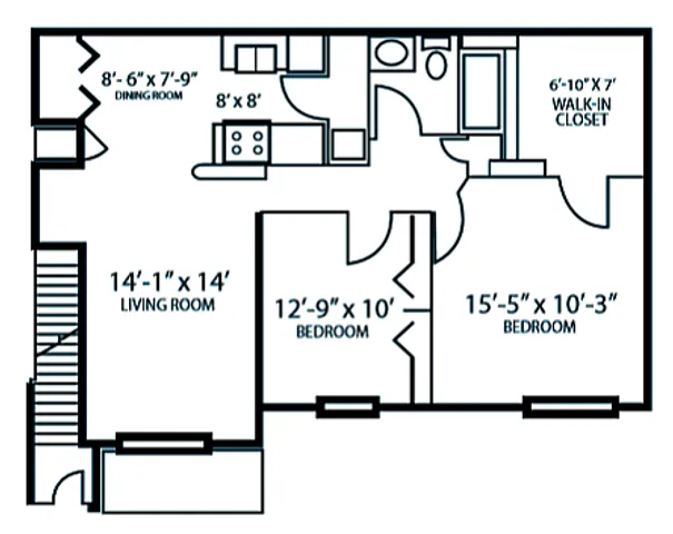 The Ashbrook floor plan featuring a spacious 2-bedroom, 1-bath layout with open-plan living room and dining area, complete with modern kitchen and walk-in closet, 1051-1112 sq ft.