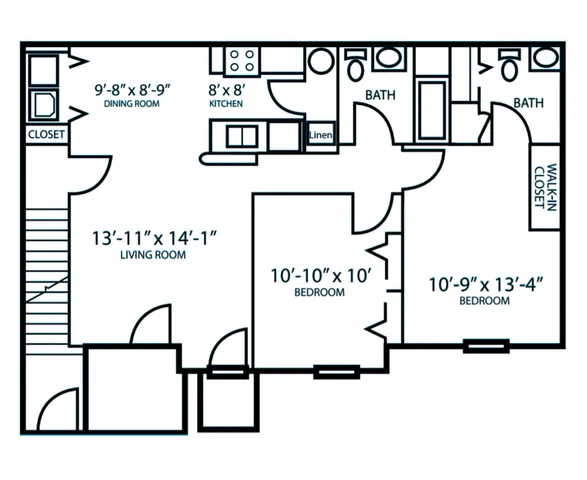 Inviting floor plan showcasing 2 spacious bedrooms, modern kitchen, cozy dining area, and a generous living room with a seamless layout.