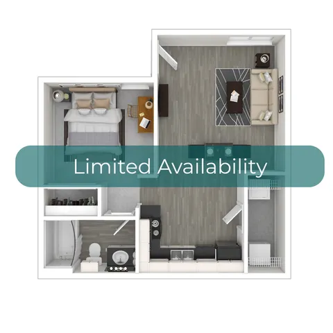 Modern one-bedroom apartment floor plan with an open-concept living area, elegant kitchen, and cozy bathroom. Limited availability adds exclusivity.