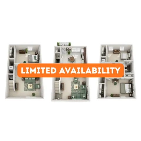 Modern 3D floor plan showcasing three levels, each featuring cozy bedrooms, stylish living areas, and a sleek kitchen. Perfect for a spacious and comfortable lifestyle. Limited availability.