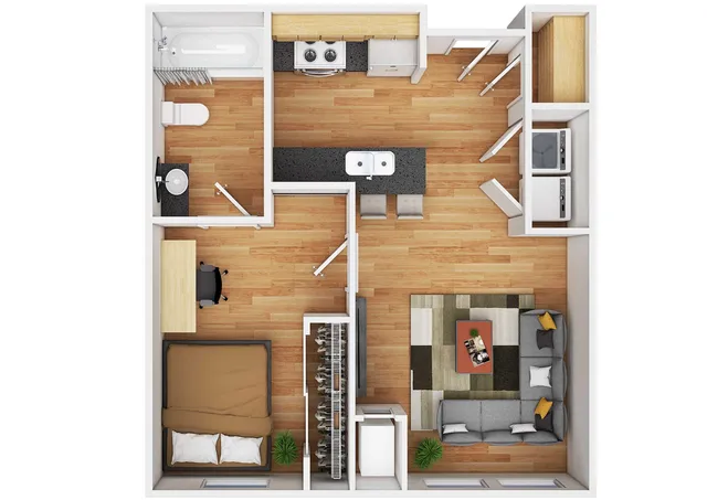 Contemporary 1-bedroom apartment floor plan with modern kitchen island, cozy living area, and compact bathroom.