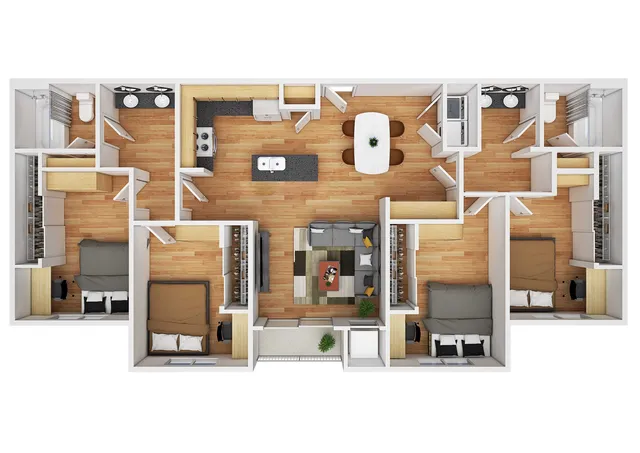 Modern 3D floor plan displaying three bedrooms, two bathrooms, a fully equipped kitchen, and an inviting open-concept living and dining area.