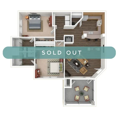 Charming floor plan boasting 2 cozy bedrooms, an inviting living area, a modern kitchen, and a relaxing balcony space.
