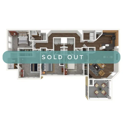 Contemporary 3D floor plan featuring 3 bedrooms, spacious living area, modern kitchen, and cozy balcony. Sold out status highlighted.