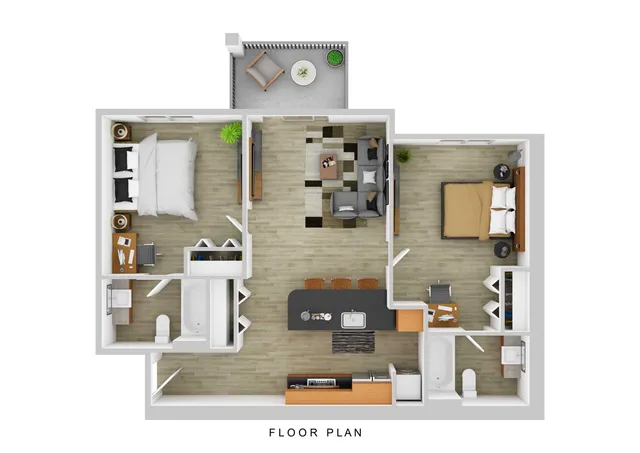 Modern floor plan showcasing 2 bedrooms, sleek kitchen with island, open living area, and private balcony.