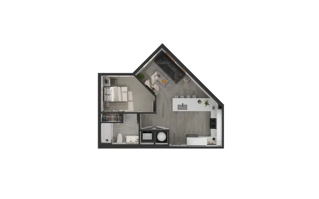 Modern one-bedroom apartment floor plan with an open-concept kitchen and living area, featuring sleek design and efficient layout.