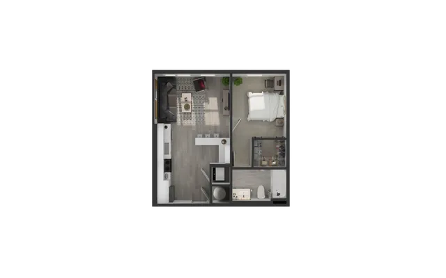 Modern 1-bedroom apartment floor plan featuring an open-concept living and kitchen area, cozy bedroom, and sleek bathroom.