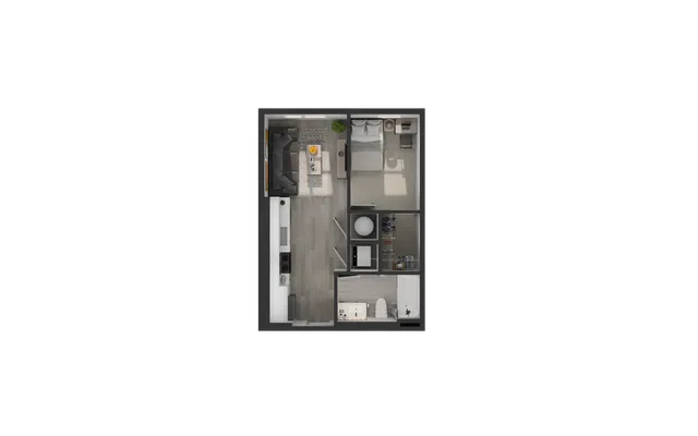 Chic 1-bedroom apartment floor plan with a cozy living area, modern kitchen, and stylish bathroom.
