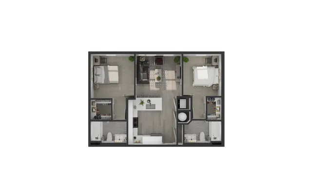 Elegant 2D floor plan showcasing two bedrooms, modern open-concept living and kitchen area, and two stylish bathrooms.