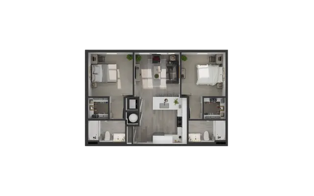 Modern 2D floor plan showcasing 2 bedrooms, a sleek kitchen, and an inviting living room, designed for contemporary living.