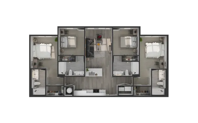 Modern floor plan showcasing a stylish 3-bedroom layout with two chic bathrooms, a cozy living area, and a sleek kitchen island. Ideal for spacious living.