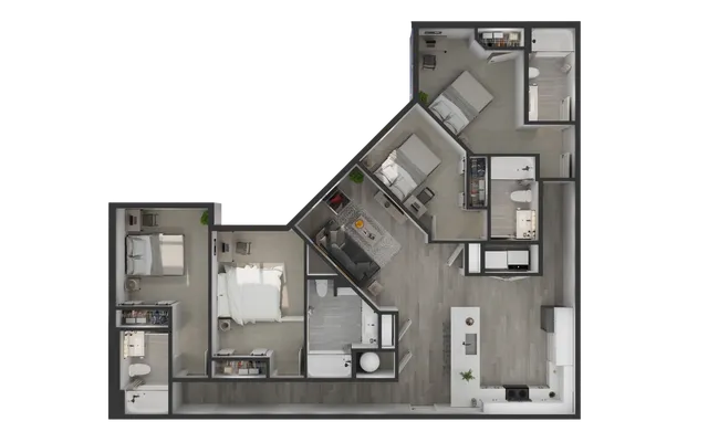 Modern 3-bedroom apartment floor plan with an open-concept living and dining area, sleek kitchen, and well-appointed bathrooms.