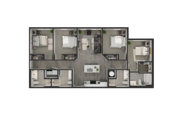 Contemporary 3-bedroom floor plan with an open living area, stylish kitchen, and two modern bathrooms, designed for spacious comfort.
