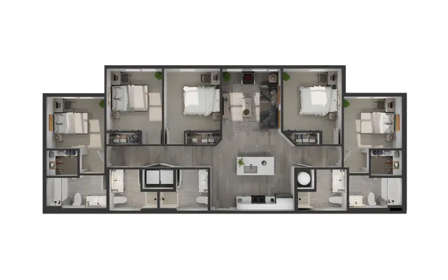 Modern floor plan featuring 3 spacious bedrooms, open living area, sleek kitchen, and contemporary bathrooms, ideal for family living.