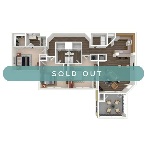 Modern 2D floor plan with two bedrooms, an open kitchen, inviting living area, and balcony. Sold out status displayed over layout.