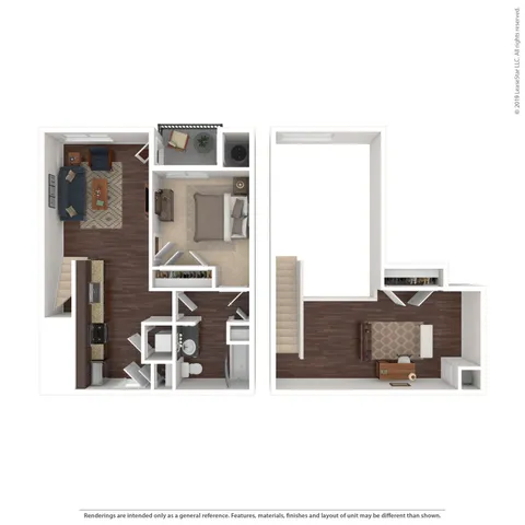 Chic floor plan of a modern two-story apartment featuring a spacious bedroom, elegant living room, and stylish open kitchen.