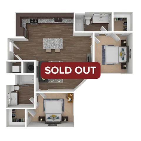 Elegant floor plan featuring two cozy bedrooms, a modern kitchen with a central island, and a spacious living area. Sold Out.
