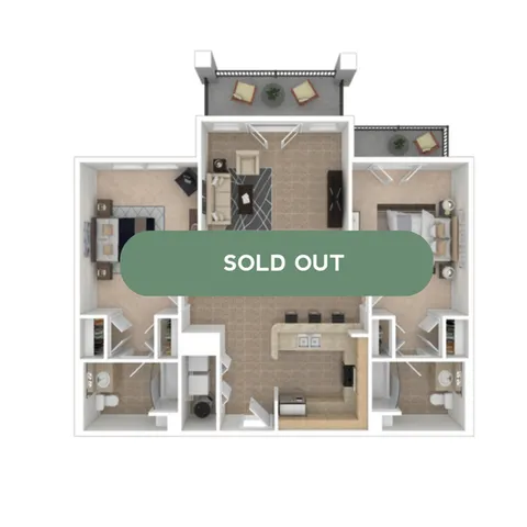 Modern 3D floor plan showcasing a luxurious apartment with two bedrooms, a spacious living room, two bathrooms, and two private balconies, elegantly designed with a sold-out status.
