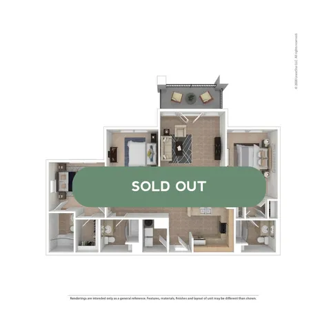 Modern apartment floor plan with 3 bedrooms, open living space, and private balcony, marked as sold out.