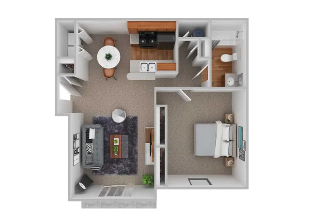 Contemporary 1-bedroom apartment floor plan featuring a cozy living area, open kitchen, and modern bathroom.